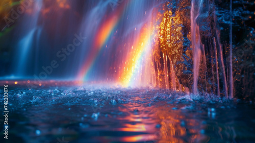 Closeup of a rainbow refracting through the mist of a waterfall adding a touch of magic and wonder to the natural landscape.