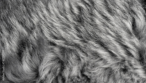 Black and white animal wool texture background, grey natural mink wool, close-up texture of plush dark fur