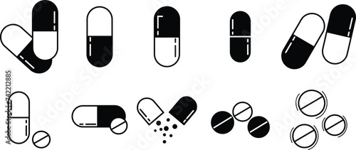 Set of Capsule glyph Pill icons. Medical capsule pictogram isolated on transparent background, soft gel capsule icons in flat styles. Medicament and pharmaceutical symbols. medical designs elements.