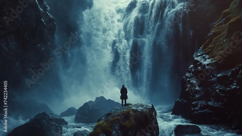 Powerful waterfall plummets down a rugged cliff into a mist-covered abyss, showcasing the raw force of nature.