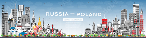 Russia and Poland skyline with gray buildings and blue sky. Famous landmarks. Poland and Russia concept. Diplomatic relations between countries.