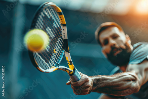 close view of a Tennis man player hitting a forehand shot