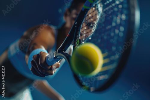 close view of a Tennis woman player hitting a forehand shot