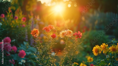 Sunset over a meticulously maintained garden landscape, casting a golden glow on vibrant flower beds. ,Gardening Concept