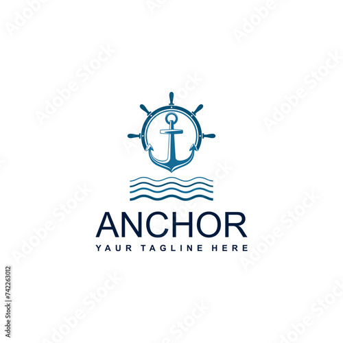 Nautical anchor wave logo design template with ship steering wheel