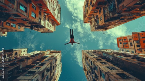 Parkour athlete jumping between buildings. Sports man doing parkour against blue sky. Parkour athlete training in city in sportive clothes. Free runner jumping