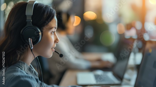 A female call center employee is responding to a customer on the phone. CRM elevates customer service. customer relationship management. generative AI