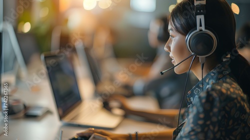 A female call center employee is responding to a customer on the phone. CRM elevates customer service. customer relationship management. generative AI