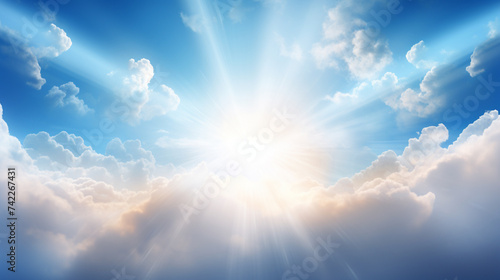 Holy spirit long banner Blue sky with the rays of the sun coming out of a white cloud 