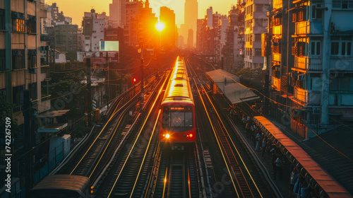 High-speed train in slow motion on the railway through a densely populated urban area during city sunset