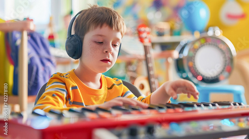An autistic boy wearing headphone, playing red piano keyboard in colorful music therapy classroom with joy and concentration in sunlight from window