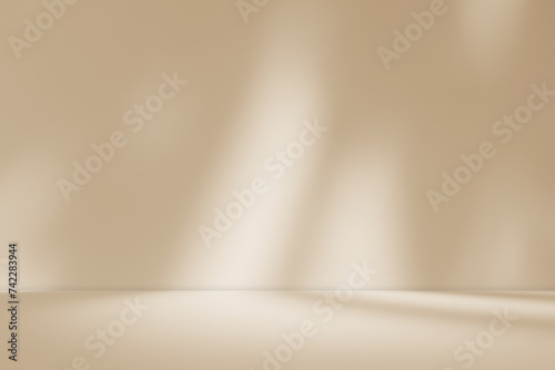 Empty brown cream beige room studio with shadow of leaves for product presentation. Autumn background. Summer tropical backdrop. Cosmetic showroom.