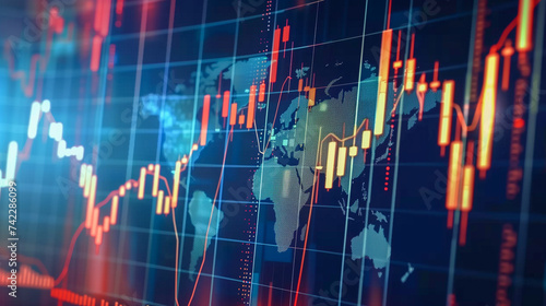 モニタに出力された株価チャートと世界地図