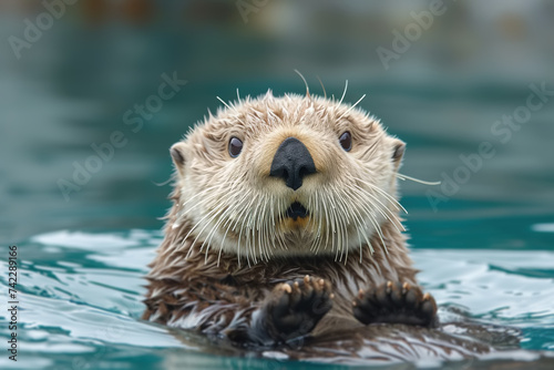 Portrait of a cute sea otter with its paws raised from water, a wet predatory animal in water looking at camera