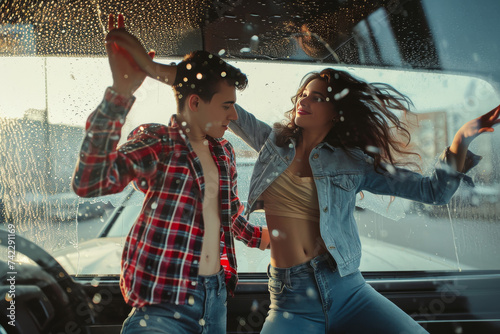 Rainy Day Rhythms: Young Duo Dancing Beside Car Window 
