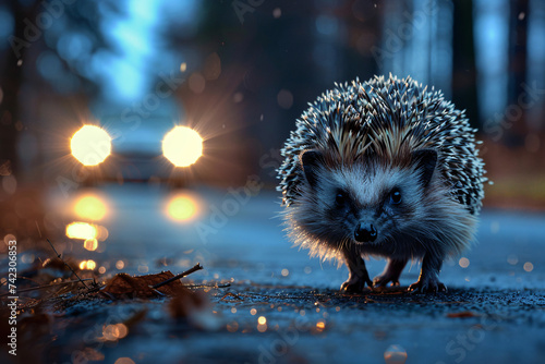 A hedgehog crossing the road at dusk while a car is approaching, wildlife crossing