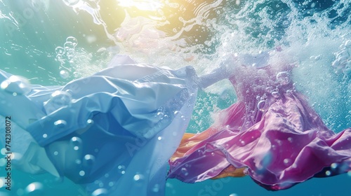 Clothes washing with floating shirt underwater and bubbles and wet splashes