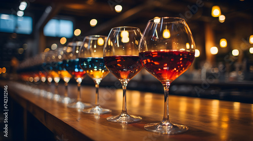 Filled wine glasses on a wooden bar with a blurred restaurant background