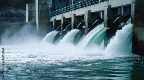 Portrait of water discharge at hydroelectric power plant. Hydroelectric dam on the river