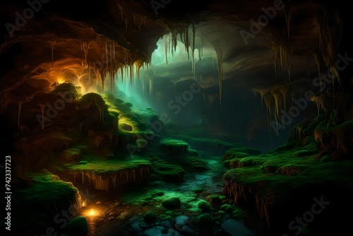A cave's underground depths, lit by the ethereal light of glowing fungi.