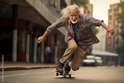 an elderly man taking advantage of life going down a city street at full speed on a skateboard