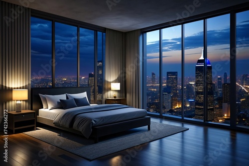 Luxury bedroom with night city view.