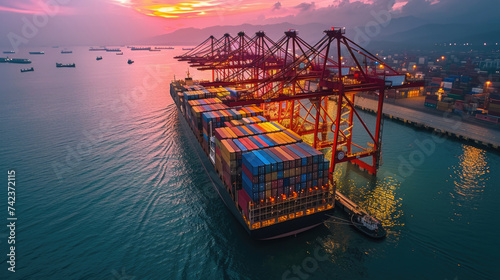Container ship terminal carrying container boxes, global logistics network, cargo ship, shipping container, international trade, towering cranes ready for unloading, supply chain, goods across the sea