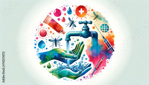 Focusing on Hygienic Practices: Hands, Water, and Health in the Battle Against Infections. Vibrant Abstract Art Illustration.