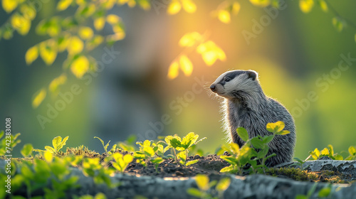 Badger in the forest in the morning light.