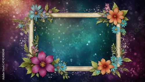 vintage watercolor flowers and frame on vivid backdrop with space for text