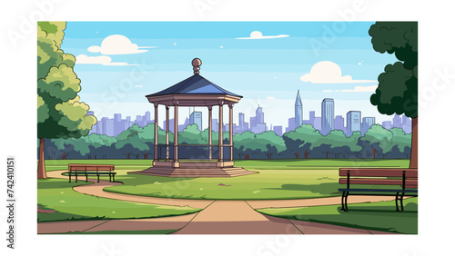 Park scene with bench and lamppost in the city vector illustration