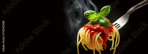 Closeup of Italian spaghetti pasta with tomato sauce and a green basil leaf on a metal fork. Isolated on a black background with heat smoke and copy space. Generative Ai.