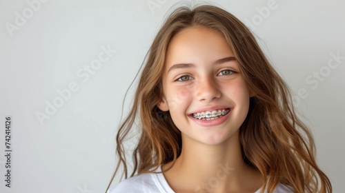 Joyful teenage girl with braces smiling against a white background