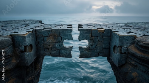 Stone bridge with a missing puzzle piece over a turbulent sea, concept of challenge and problem-solving in nature