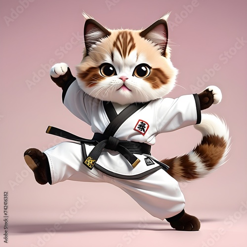 An Adorable cat in a karate uniform performs a martial arts pose with a black belt, depicting strength and cuteness. Generative ai