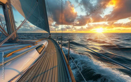 A sailboat is being illuminated by the setting sun in the vast ocean