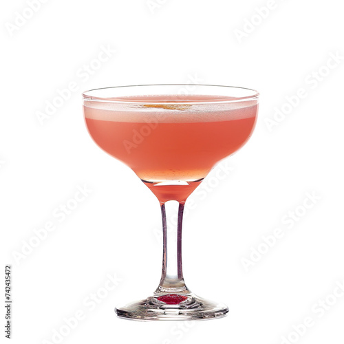 Extreme front view of a Pink Lady cocktail in a coupe glass isolated on a white transparent background