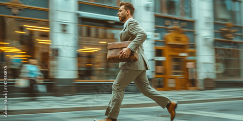 Bewegungsunschärfe eines Geschäftsmannes, der mit einer Aktentasche zu einem Geschäftstreffen rennt