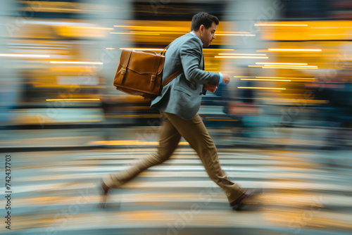 Bewegungsunschärfe eines Geschäftsmannes, der mit einer Aktentasche zu einem Geschäftstreffen rennt
