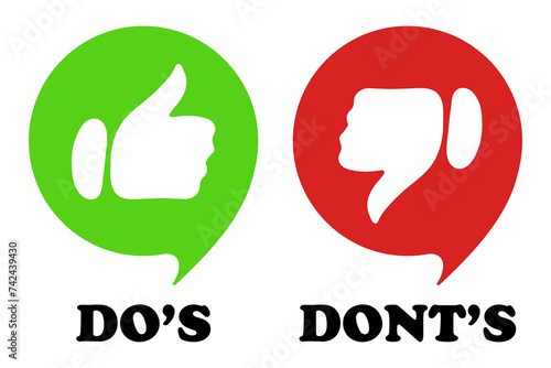 Green and red speech bubbles with do s dont s text and like dislike gestures. Approve, disapprove, correct actions, incorrect fail advice, tips, right, advise, avoid mistakes, lifehack, wrong. Vector