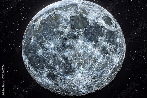 the Moon in its full phase, focusing on the brilliant detail across its entire face, with visible craters, maria, and rays, set against the backdrop of space