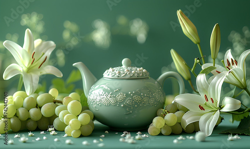 Rococo style green porcelain teapot with lilies and grapes decorations. Pottery and tea ceremony concept. Cozy aesthetic subject photo for decor, poster, banner, card, flyer