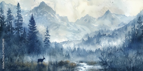 Peaks capped with snow, silhouette of grazing goat, highland serenity in watercolor