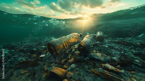 A pile of plastic bottles polluting the underwater landscape