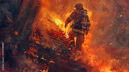 A courageous and resilient firefighter ascending the stairs of a burning building. Open flames burn on the stairs.