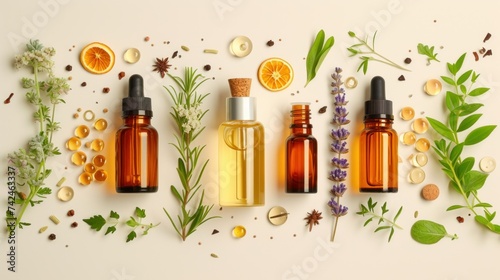 Skin Care products and orange plant leaves on yellow background, flat lay, copy space. Seasonal beauty routine and organic cosmetic concept
