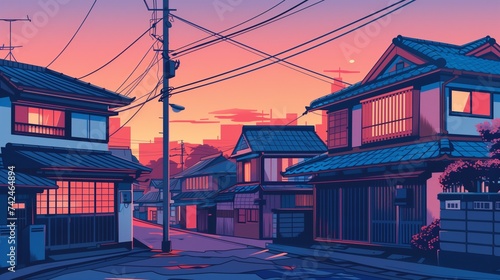 Traditional Japanese street at dusk. Stylized digital illustration of residential houses with glowing windows, electric poles, and a clear sky transitioning from sunset to twilight.