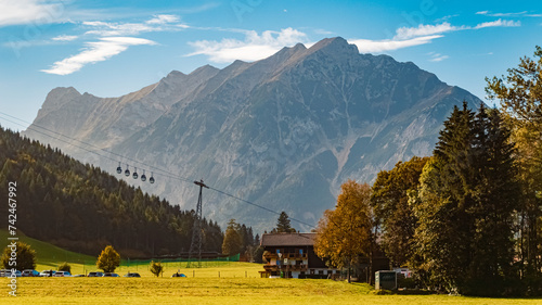 Alpine autumn or indian summer landscape shot with the famous Karwendel mountains at Lake Achensee, Pertisau, Eben am Achensee, Tyrol, Austria