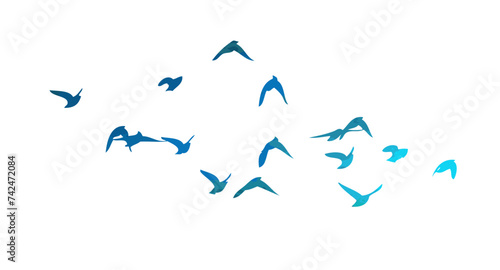 A flock of blue watercolor flying birds. hand drawing. Not AI, Free birds abstraction. Vector illustration