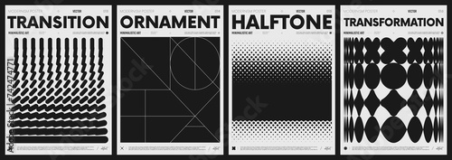 Modern abstract poster collection, vector minimalist posters with geometric shapes in black and white, brutalist style inspired graphics, bold aesthetic, shape distortion effect set 4